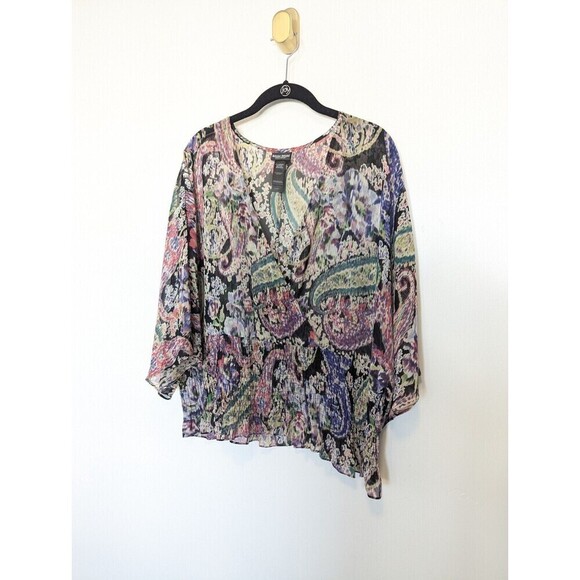 Bisou Bisou Michelle Bohbot Blouse Womens Size XL Multicolor Smocked Sheer Top - Picture 2 of 9